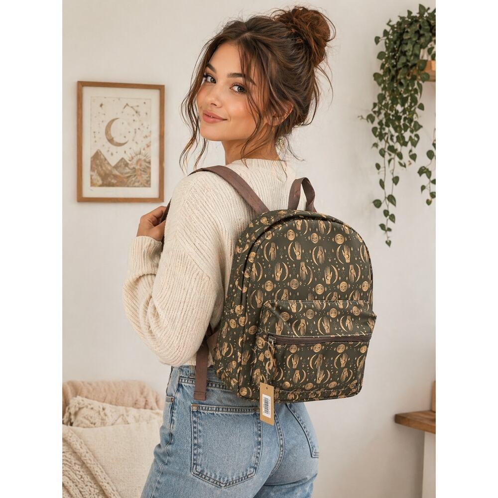 Mini Backpack Palm Moon Print Brown Boho Celestial 12x10x4 NWT